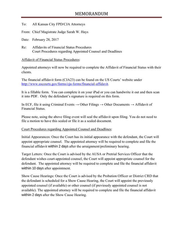 Affidavits Of Financial Status Procedures Memorandum screenshot