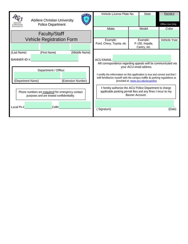 FacultyStaff Vehicle Registration Form screenshot