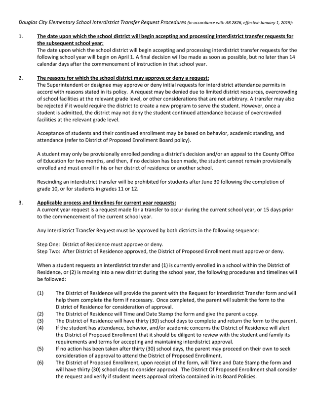 Douglas City Elementary School Interdistrict Transfer Request Procedures screenshot