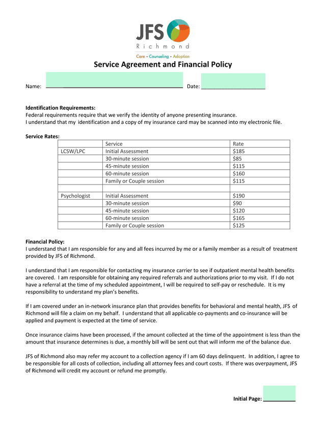 Service Agreement And Financial Policy screenshot