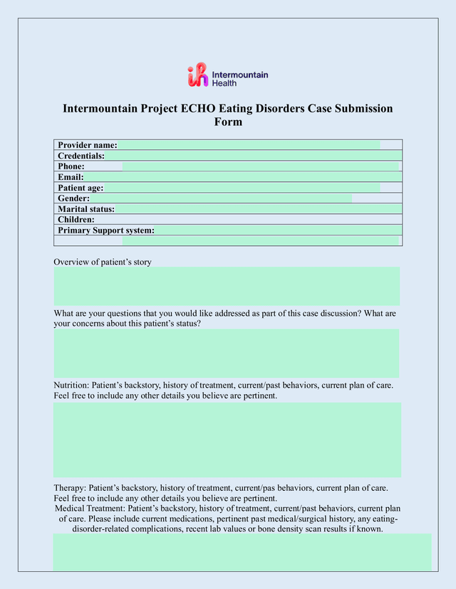 Intermountain Project ECHO Eating Disorders Case Submission Form screenshot