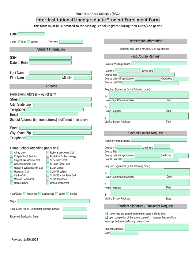Inter Institutional Undergraduate Student Enrollment Form screenshot