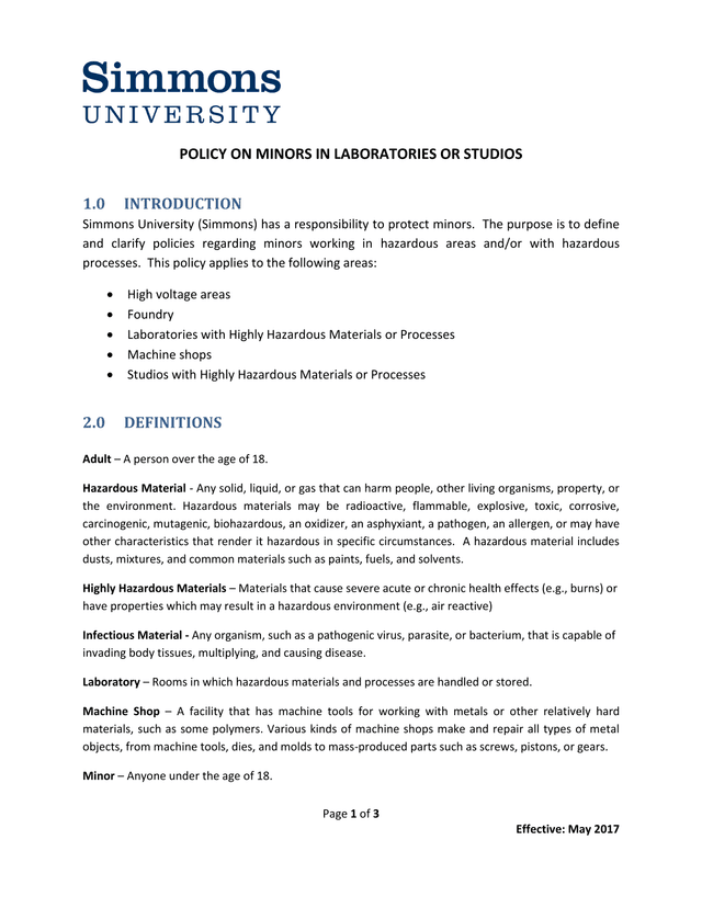 Policy On Minors In Laboratories Or Studios screenshot