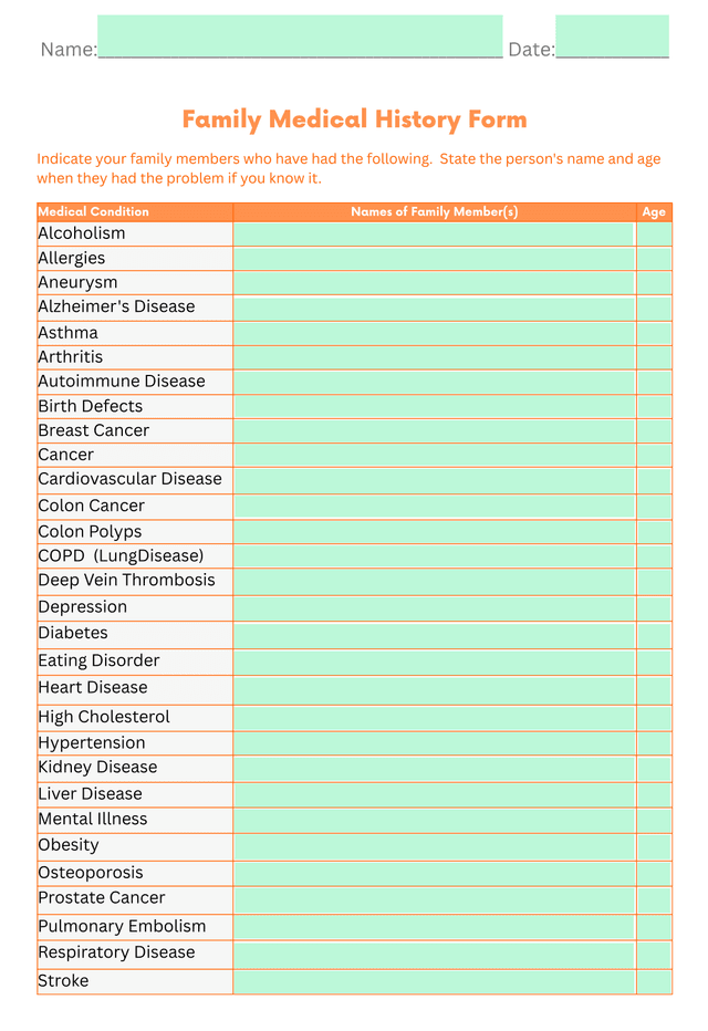 Family Medical History Form screenshot