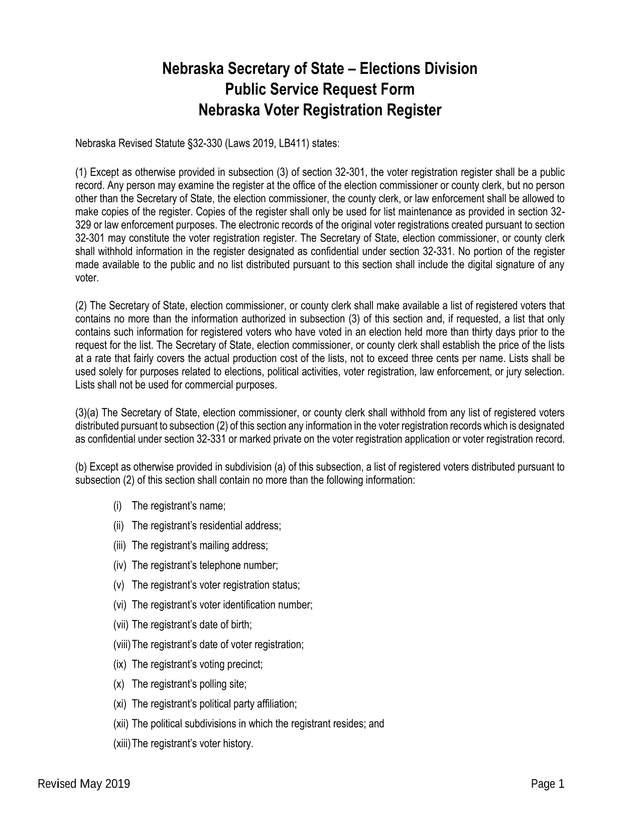 Public Service Request Form   Nebraska Voter Registration Register screenshot