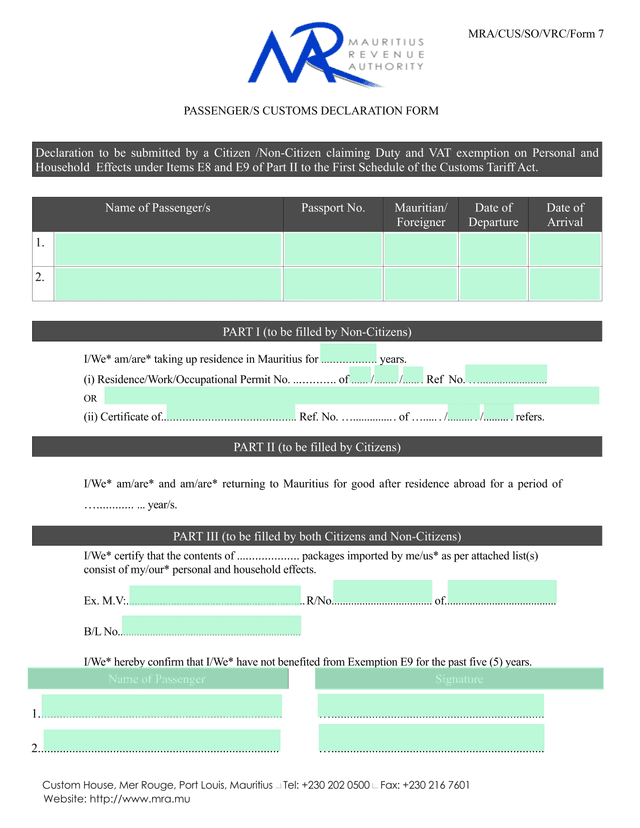 MRACUSSOVRCForm 7 PASSENGERS CUSTOMS DECLARATION FORM screenshot