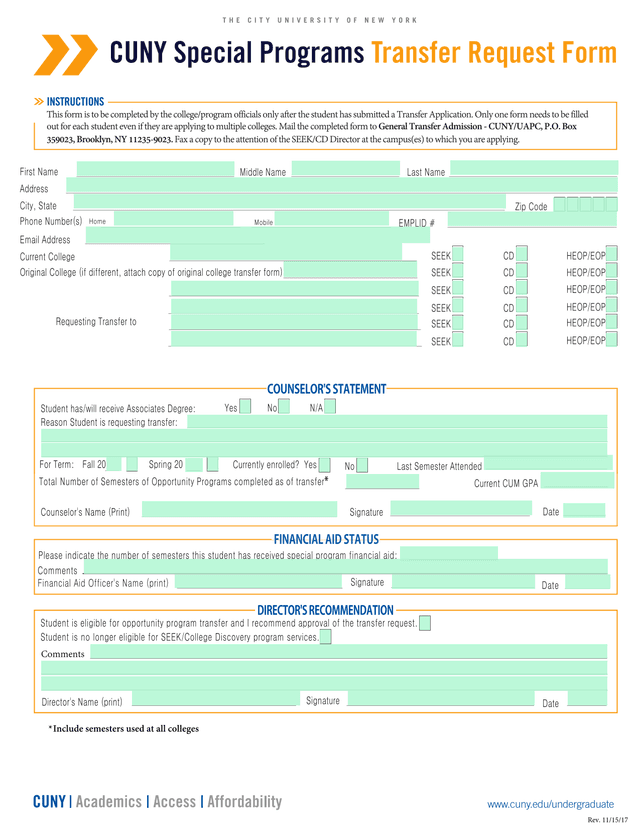 CUNY Special Programs Transfer Request Form screenshot