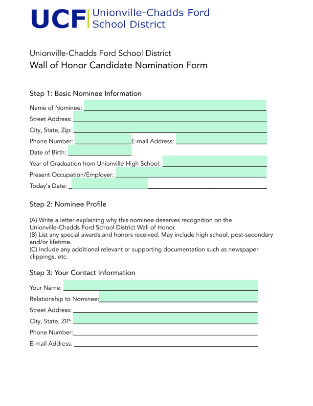 Wall Of Honor Candidate Nomination Form screenshot