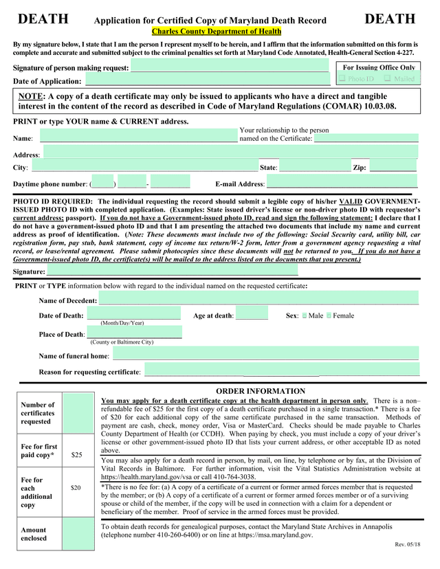 Application For Certified Copy Of Maryland Death Record screenshot