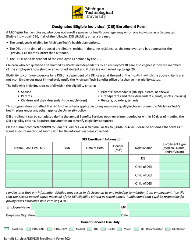 Designated Eligible Individual (DEI) Enrollment Form 2024 screenshot