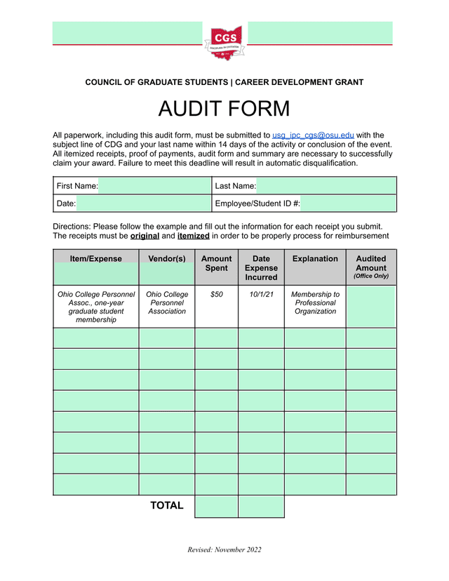 Council Of Graduate Students  Career Development Grant Audit Form screenshot