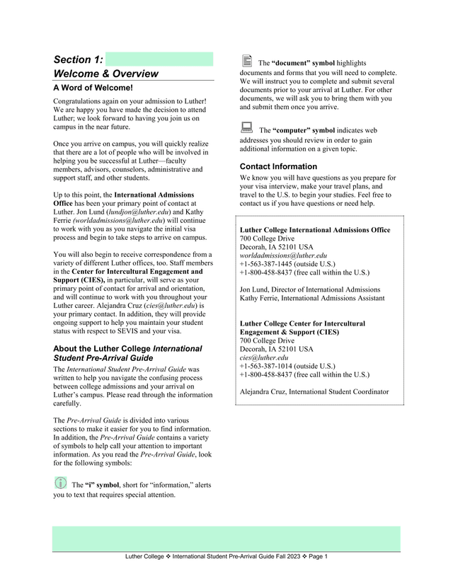 Luther College International Student Pre Arrival Guide Fall 2023 screenshot