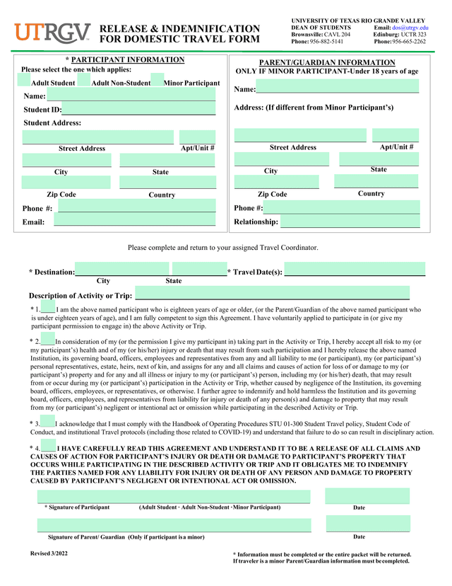 RELEASE  INDEMNIFICATION FOR DOMESTIC TRAVEL FORM screenshot