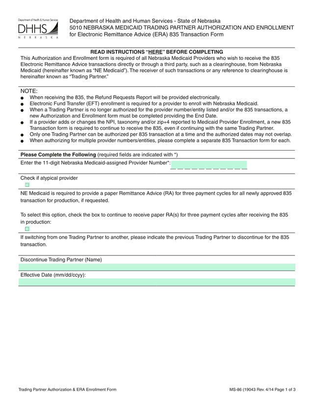 5010 Nebraska Medicaid Trading Partner Authorization And Enrollment For Electronic Remittance Advice screenshot