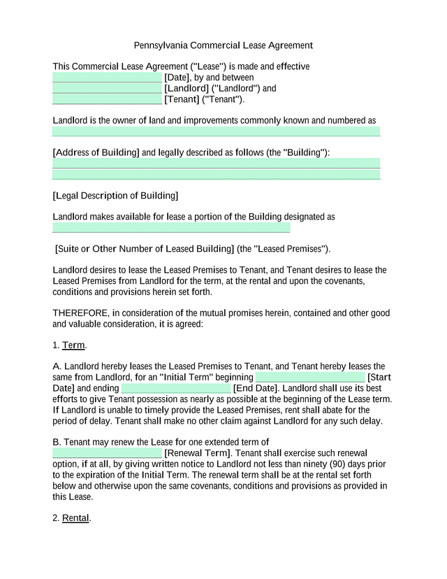 Pennsylvania Commercial Lease Agreement screenshot