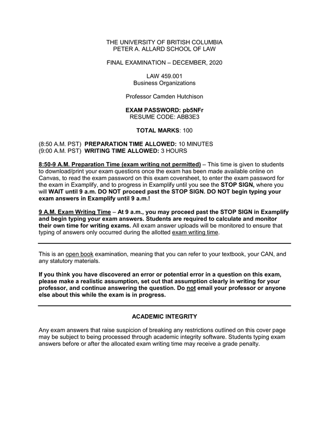 Law 459 Business Organizations Final Examination screenshot