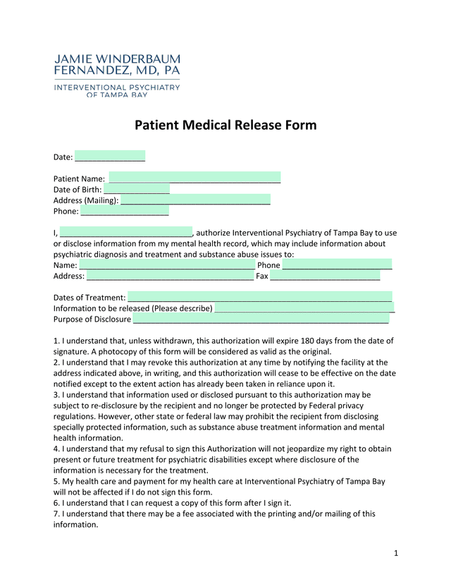 Patient Medical Release Form screenshot