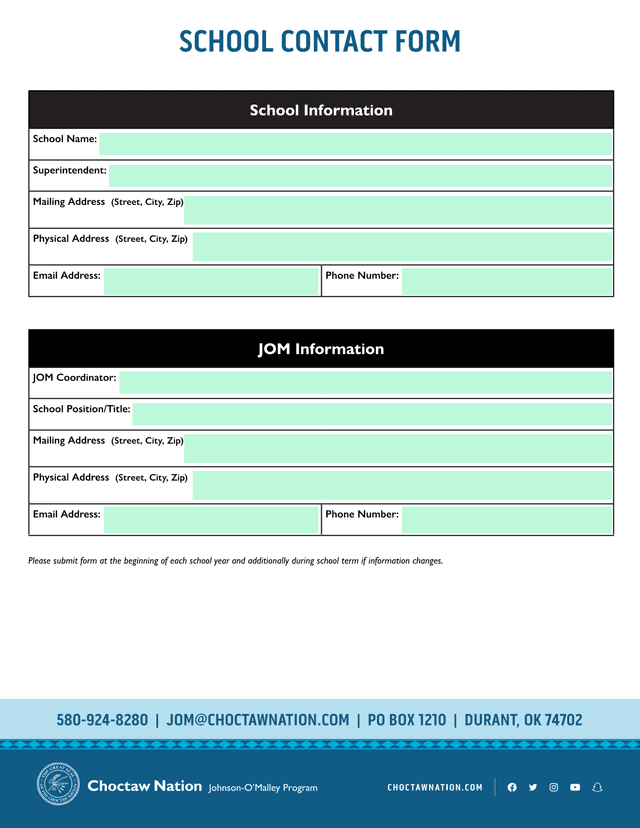 Johnson OMalley Program School Contact Form screenshot