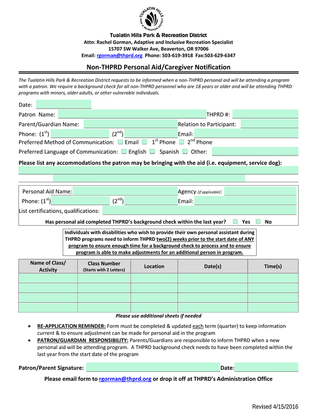 Non THPRD Personal AidCaregiver Notification screenshot