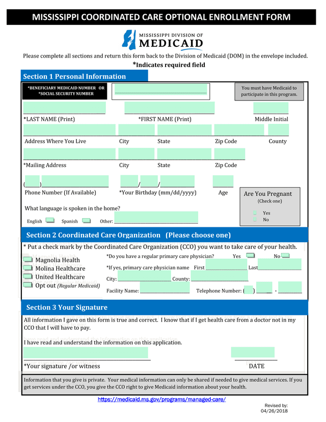 Mississippi Coordinated Care Optional Enrollment Form screenshot