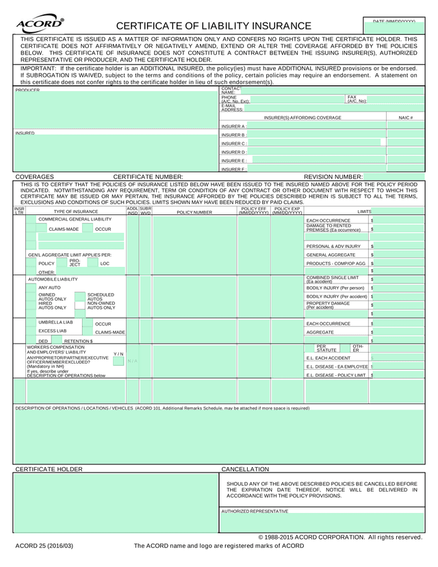 Certificate Of Liability Insurance screenshot