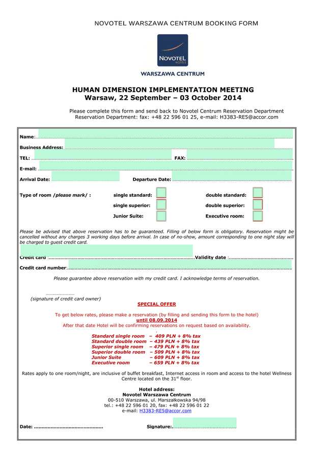NOVOTEL WARSZAWA CENTRUM BOOKING FORM screenshot