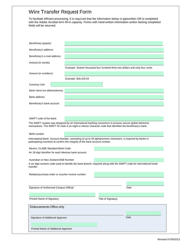 Wire Transfer Request Form screenshot