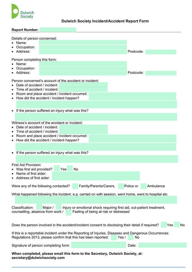 Dulwich Society IncidentAccident Report Form screenshot