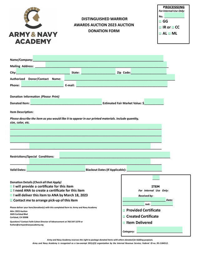 Distinguished Warrior Awards Auction 2023 Auction Donation Form screenshot