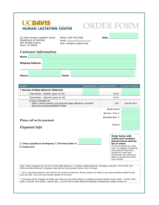 UC Davis Human Lactation Center Order Form screenshot