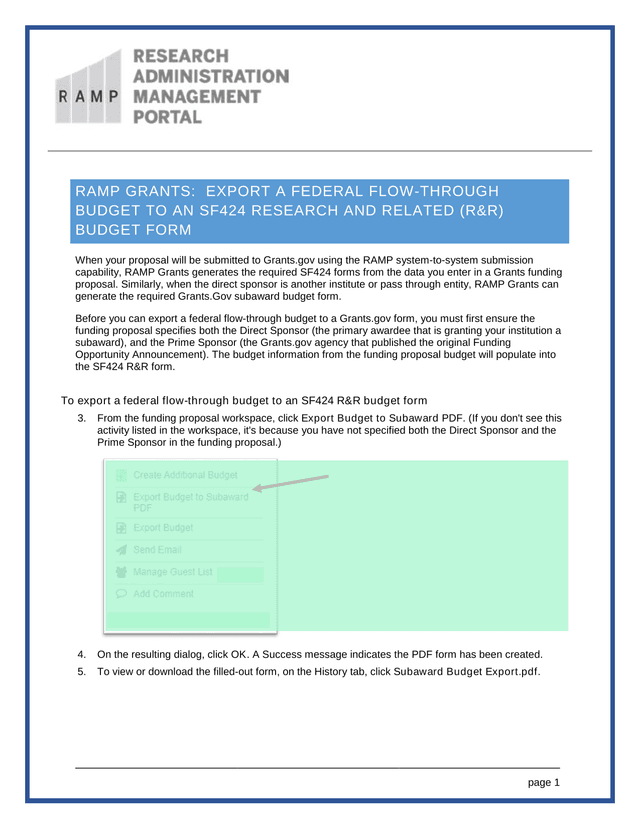 RAMP GRANTS EXPORT A FEDERAL FLOW THROUGH BUDGET TO AN SF424 RESEARCH AND RELATED (RR) BUDGET FORM screenshot