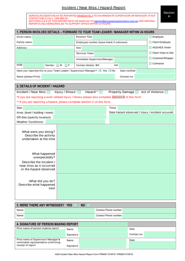 AGS Incident Near Miss Hazard Report Form FRM067 010519 screenshot