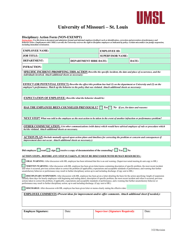Disciplinary Action Form (NON EXEMPT) screenshot