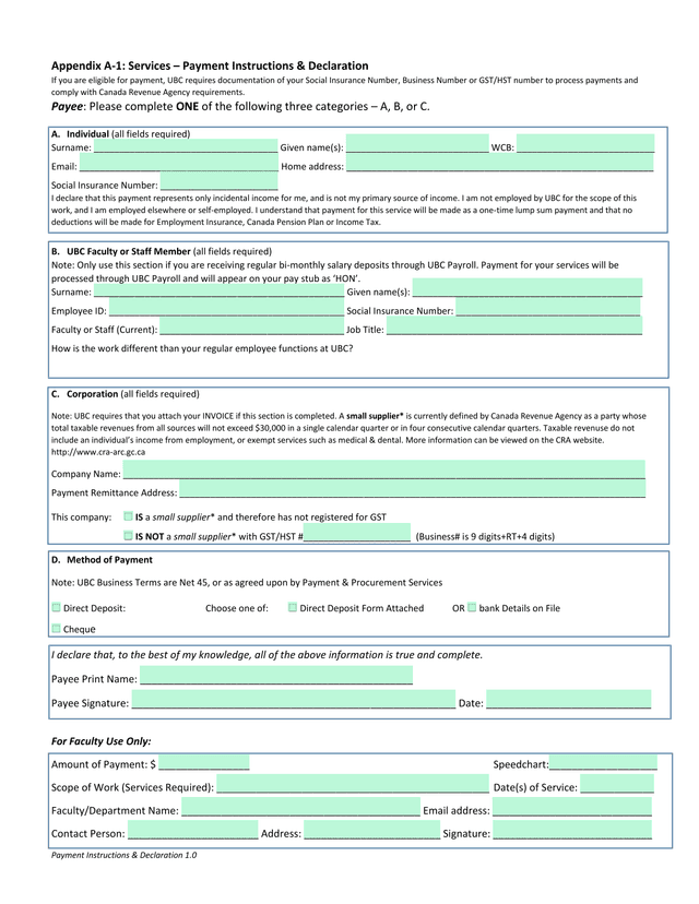 Appendix A 1 Services  Payment Instructions  Declaration screenshot