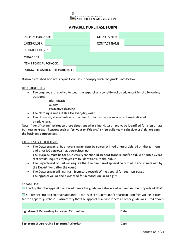 APPAREL PURCHASE FORM screenshot
