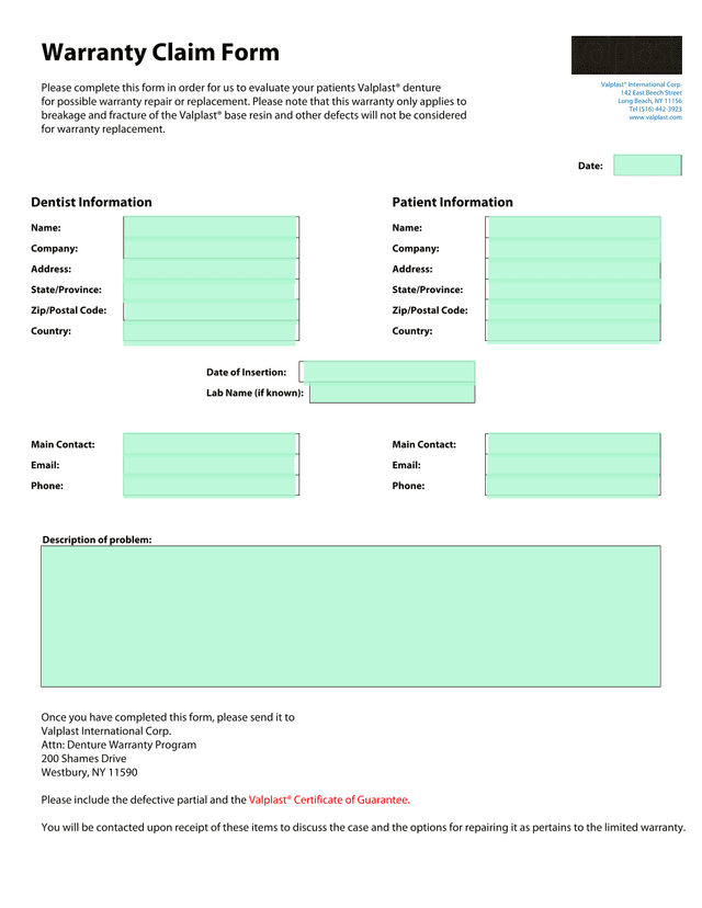 Warranty Claim Form screenshot