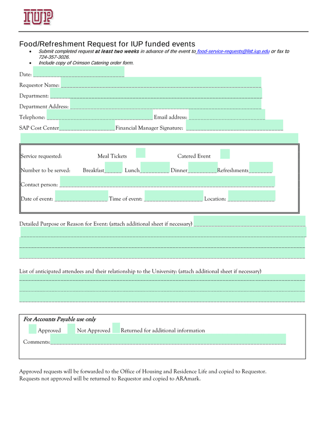 FoodRefreshment Request For IUP Funded Events screenshot