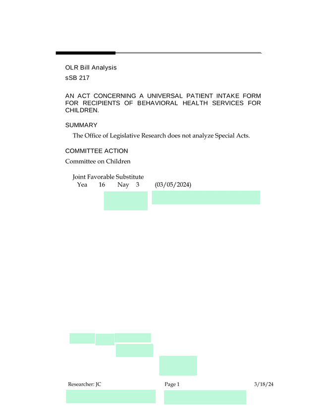 SSB 217   Universal Patient Intake Form For Behavioral Health Services For Children screenshot