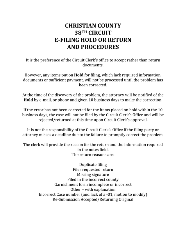 Christian County 38th Circuit E Filing Hold Or Return And Procedures screenshot