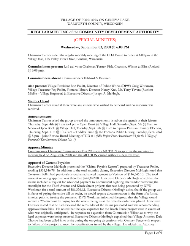 Community Development Authority Regular Meeting Minutes screenshot