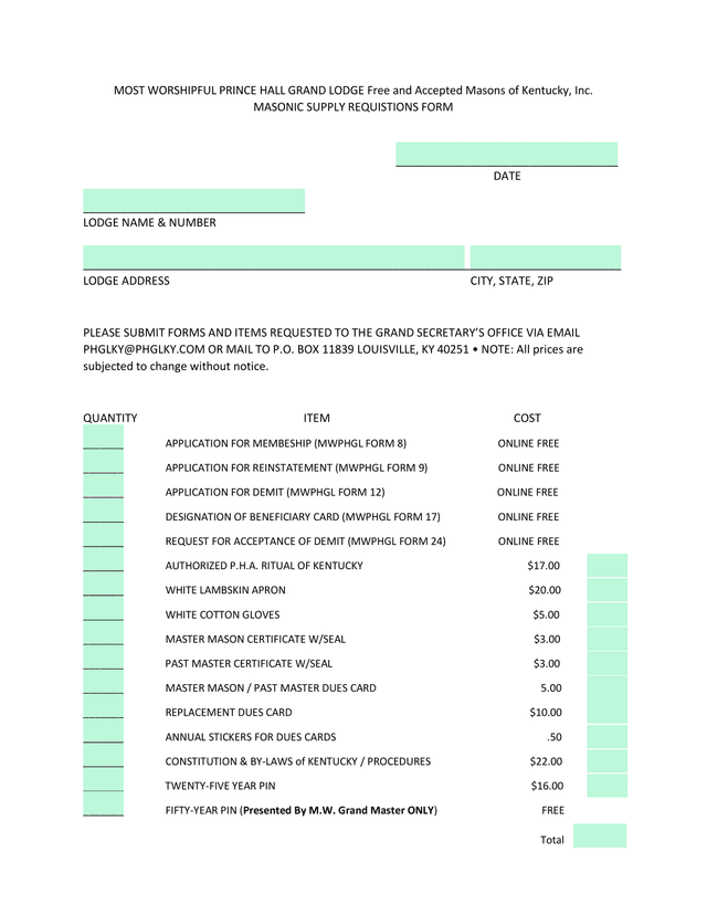 Masonic Supply Requisitions Form screenshot