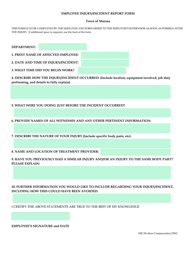 Employee InjuryIncident Report Form screenshot