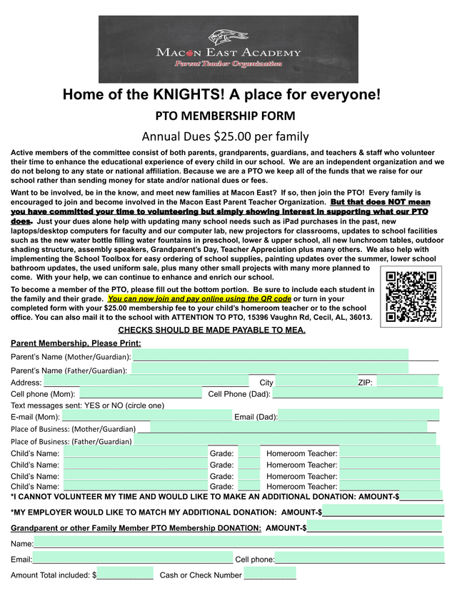 PTO MEMBERSHIP FORM screenshot