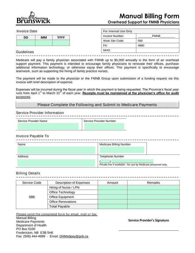 Manual Billing Form Overhead Support For FMNB Physicians screenshot
