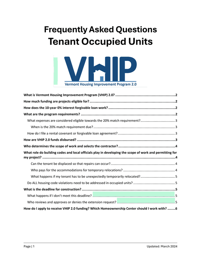 Vermont Housing Improvement Program (VHIP) 2.0 Frequently Asked Questions screenshot