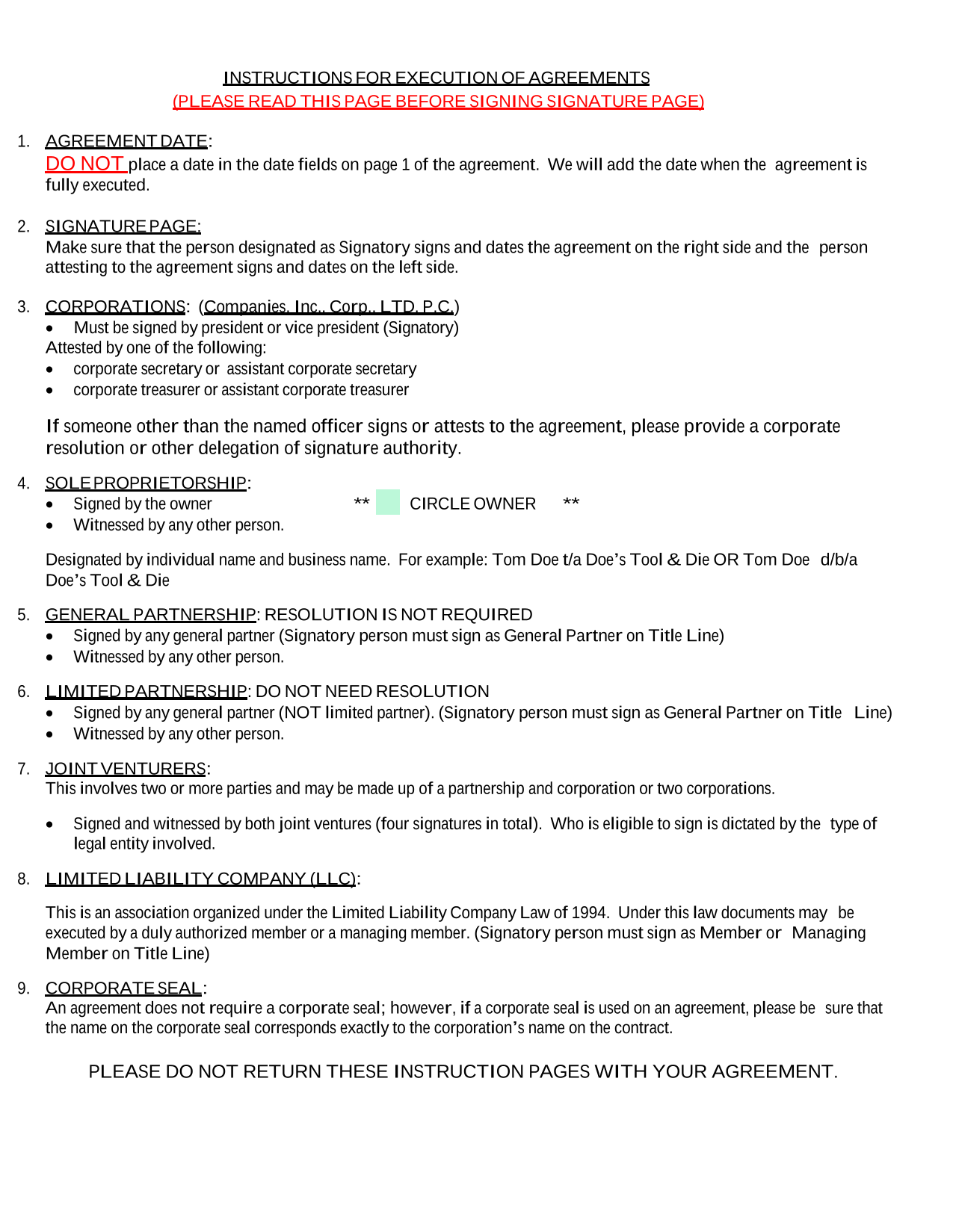 Instructions For Execution Of Agreements screenshot