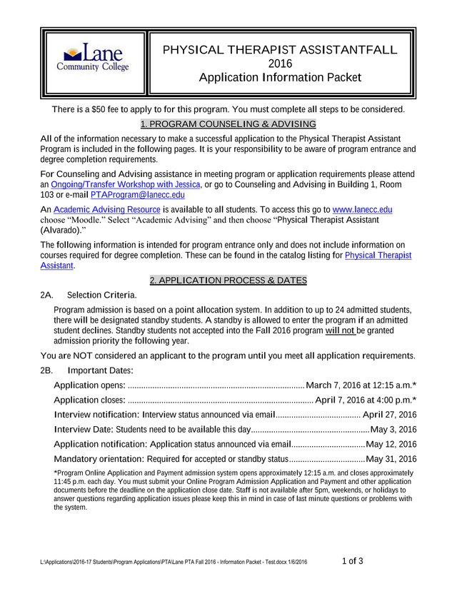 Physical Therapist Assistant Fall 2016 Application Information Packet screenshot