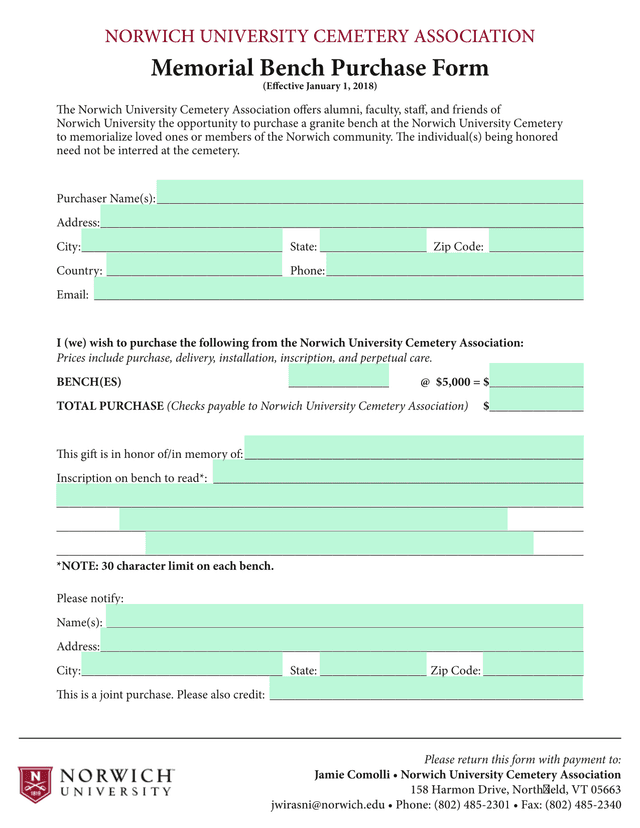 Memorial Bench Purchase Form screenshot