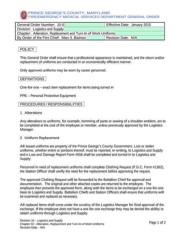 PRINCE GEORGES COUNTY FIREEMERGENCY MEDICAL SERVICES DEPARTMENT GENERAL ORDER screenshot