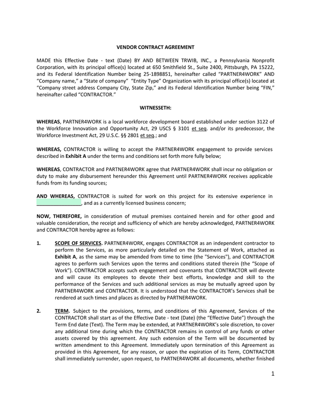 VENDOR CONTRACT AGREEMENT screenshot